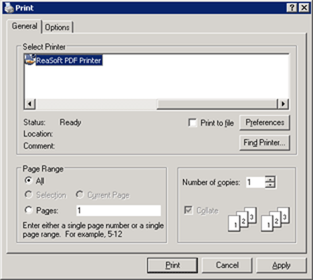 Выбор ReaSoft PDF Printer в стандартном диалоге печати
