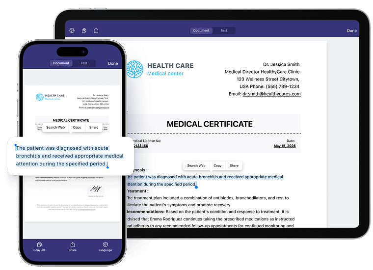 Распознанный текст в Scanner Pro