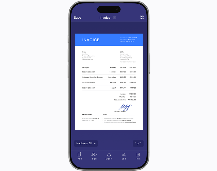 Документ и кнопка подписи Scanner Pro