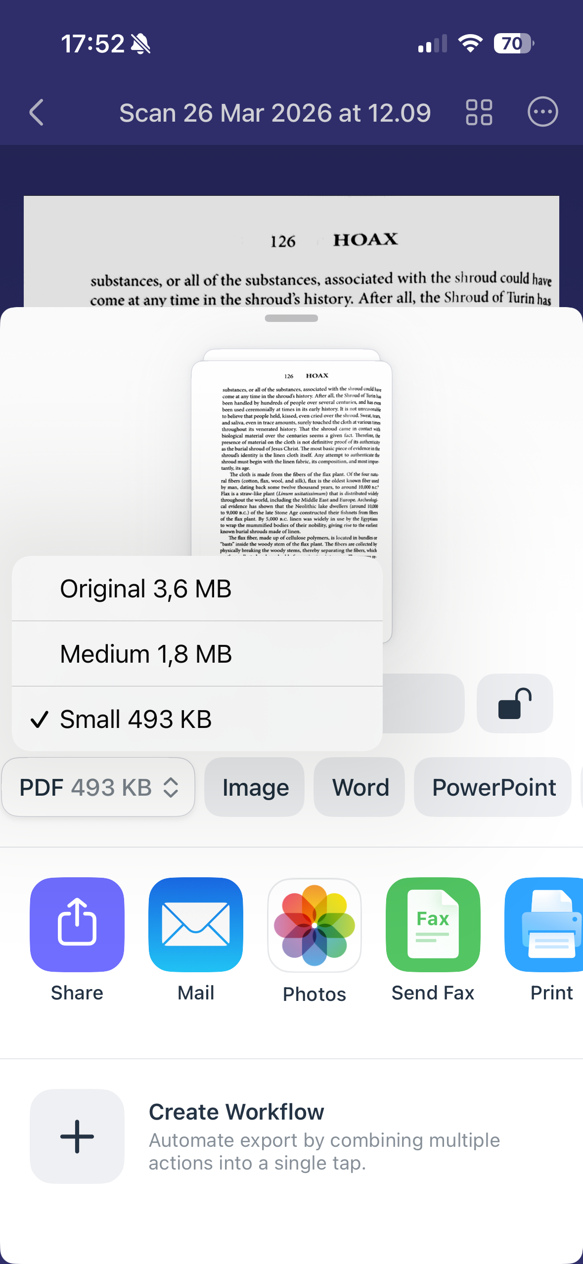 Форматы и размер экспортируемого файла Scanner Pro