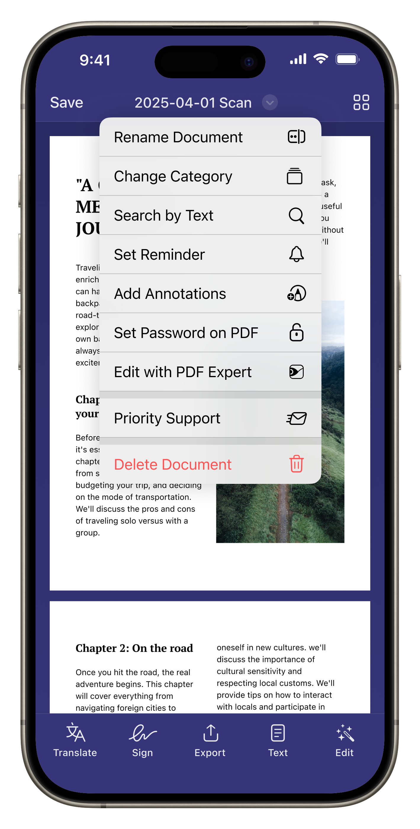 Меню действий документа Scanner Pro