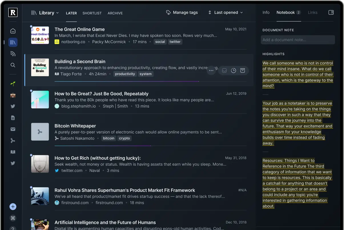 Библиотека Readwise Reader со списком документов, выделениями и панелью сведений