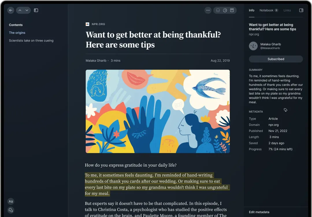 Чтение статьи с заметками и метаданными в Readwise Reader