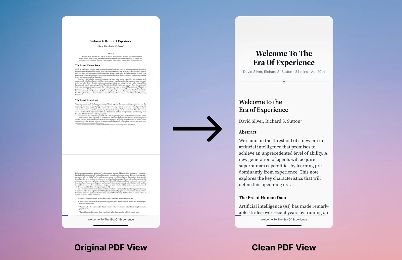 Сравнение исходного PDF и Clean PDF View в Readwise Reader