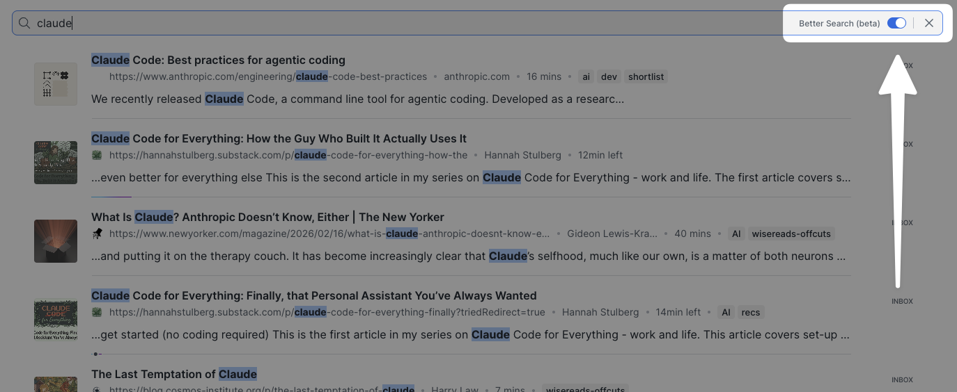 Переключатель Better Search в результатах Readwise Reader