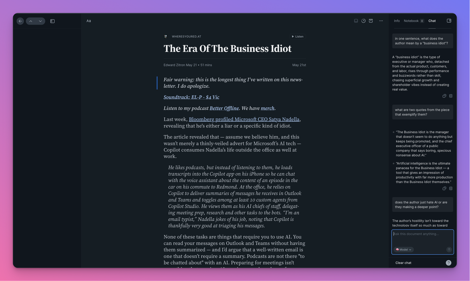 Чат с документом в Readwise Reader рядом с текстом