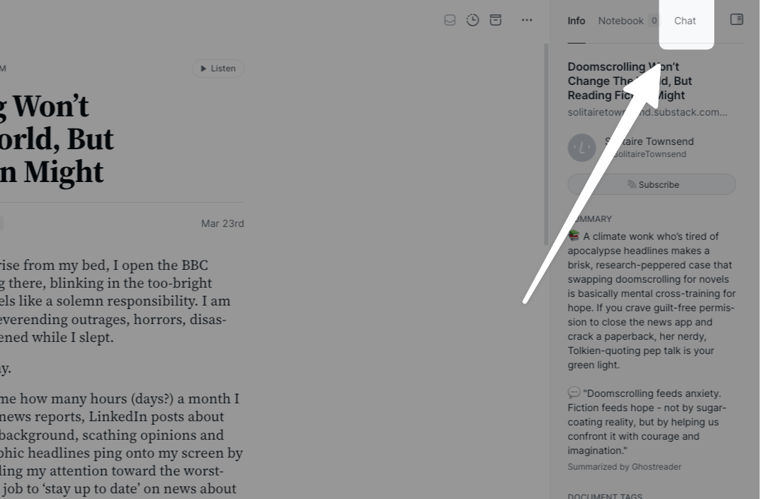 Вкладка Chat в правой панели Readwise Reader