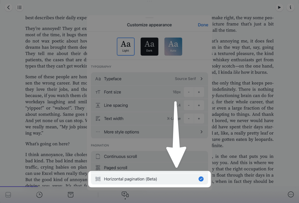 Настройка горизонтальной пагинации в Readwise Reader на планшете