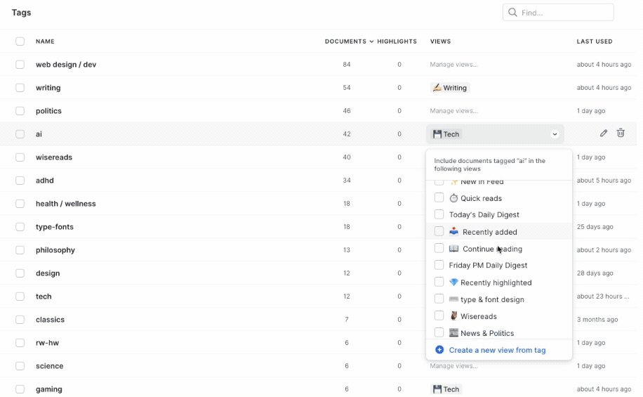 Добавление тегов в сохранённое представление Readwise Reader