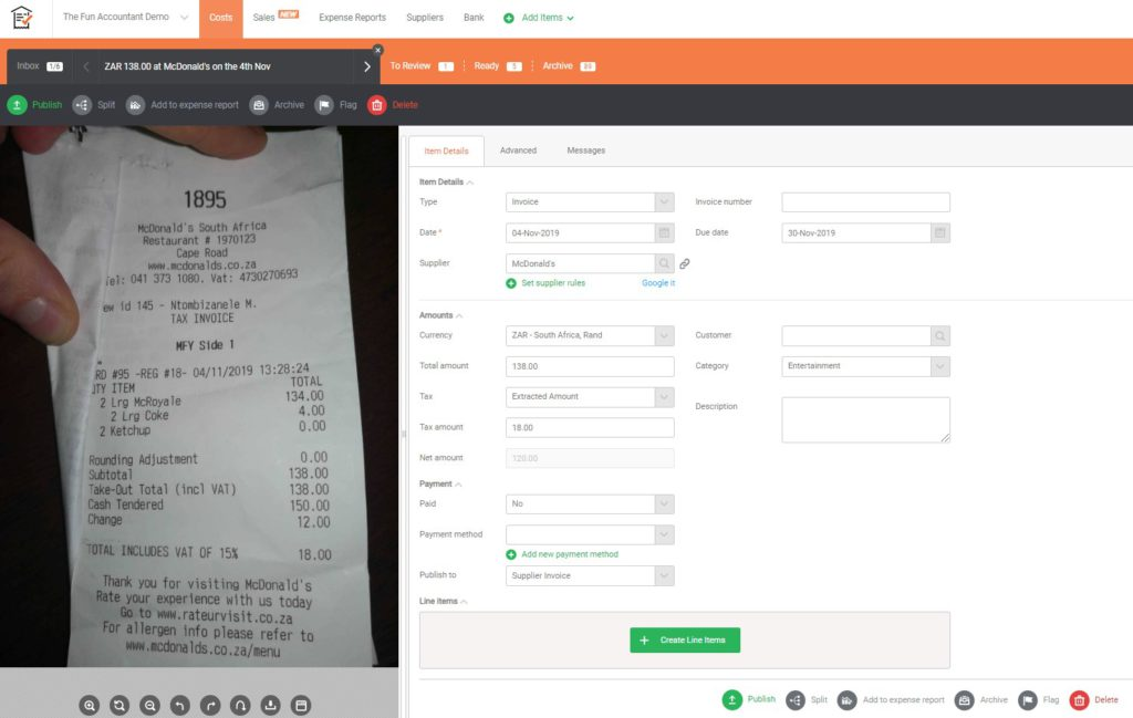 Карточка распознанного чека Receipt Bank
