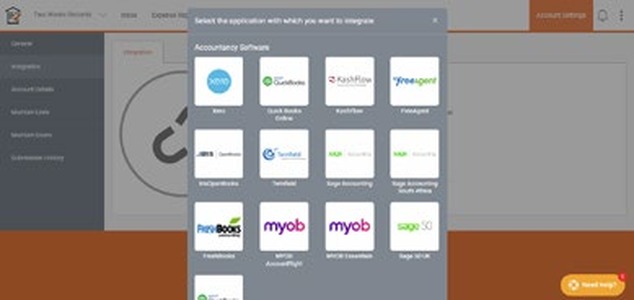 Выбор бухгалтерской интеграции Receipt Bank