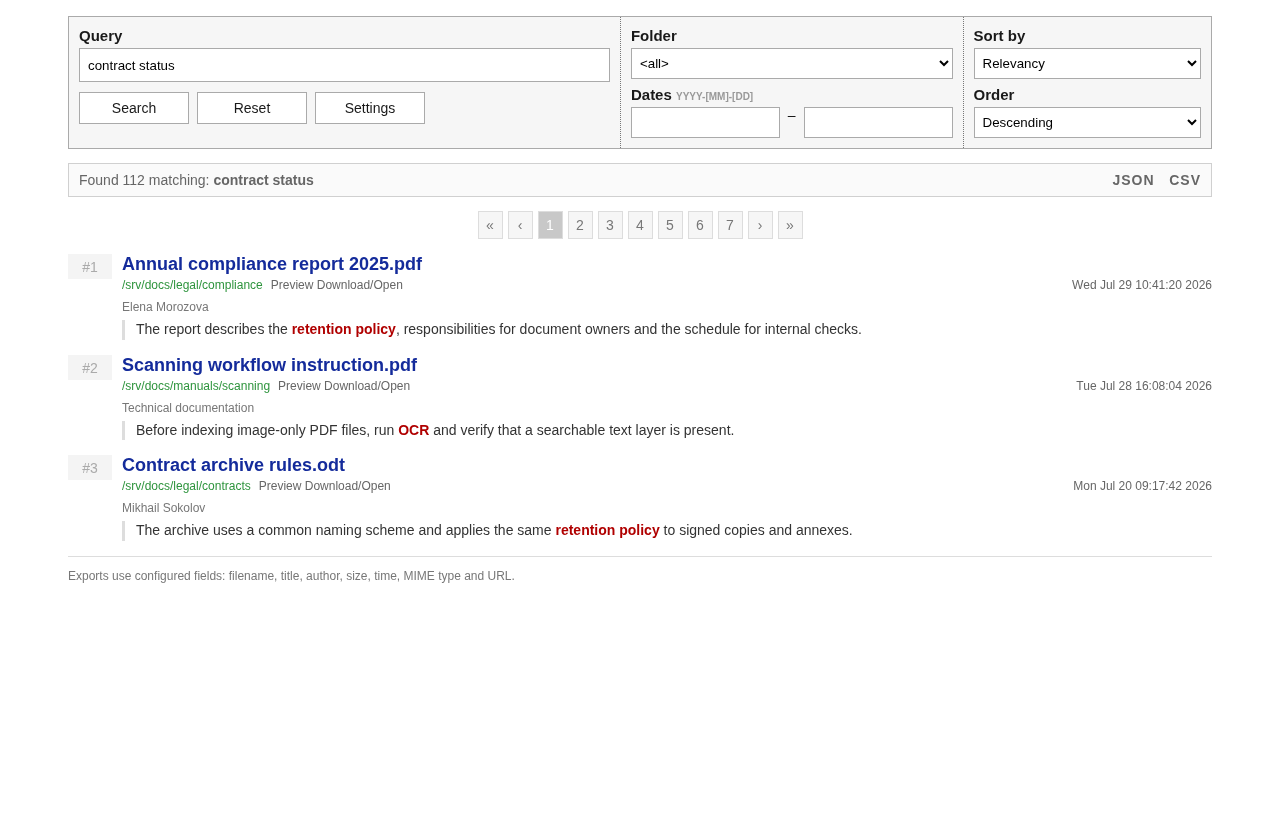 Интерфейс Recoll WebUI: CSV, JSON и OpenSearch