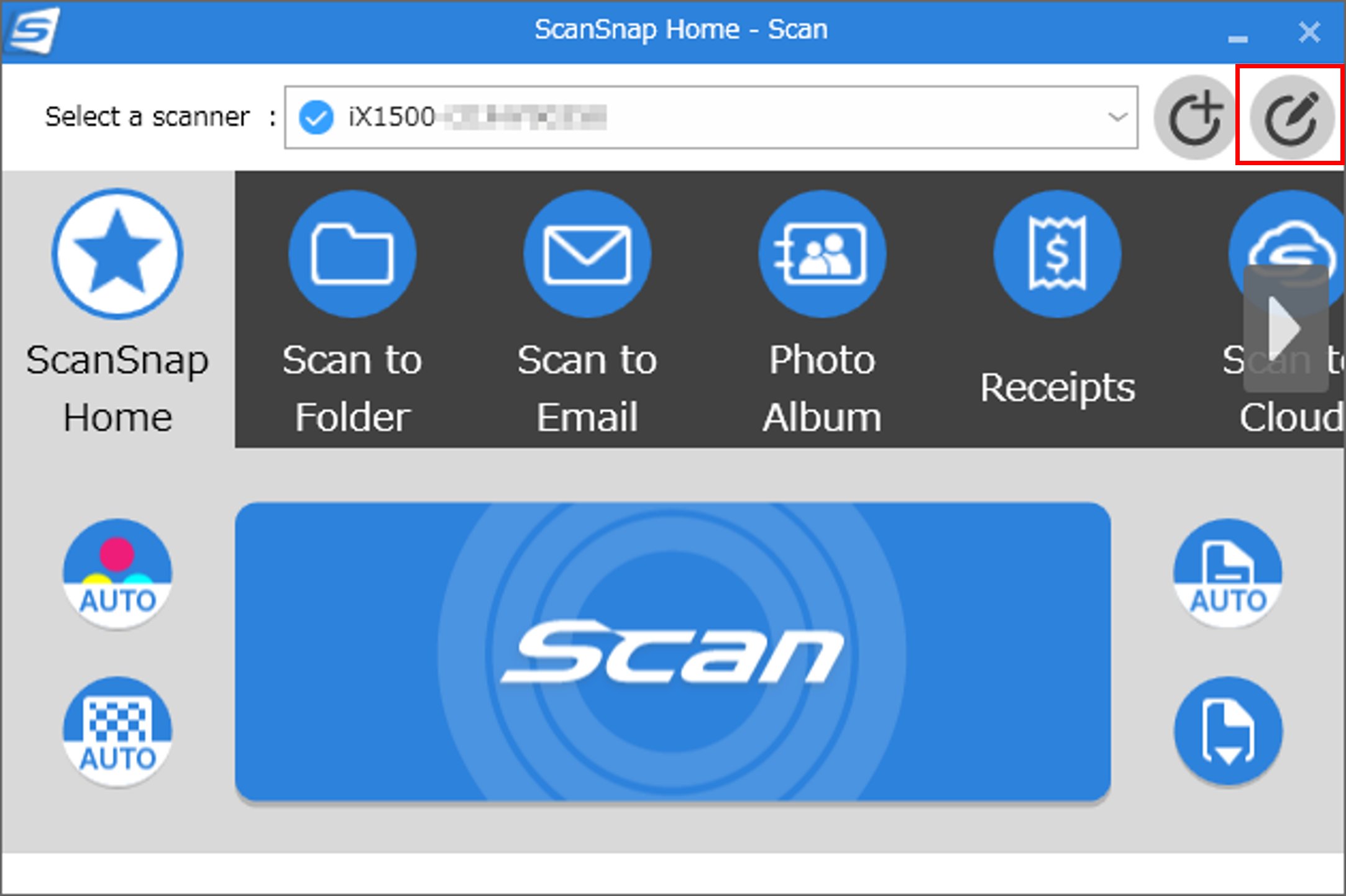 Панель профилей и кнопка Scan в ScanSnap Home