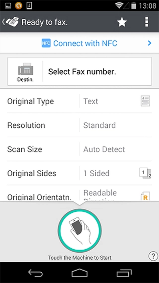 Экран Ready to fax с выбором номера, типа оригинала, разрешения и сторон