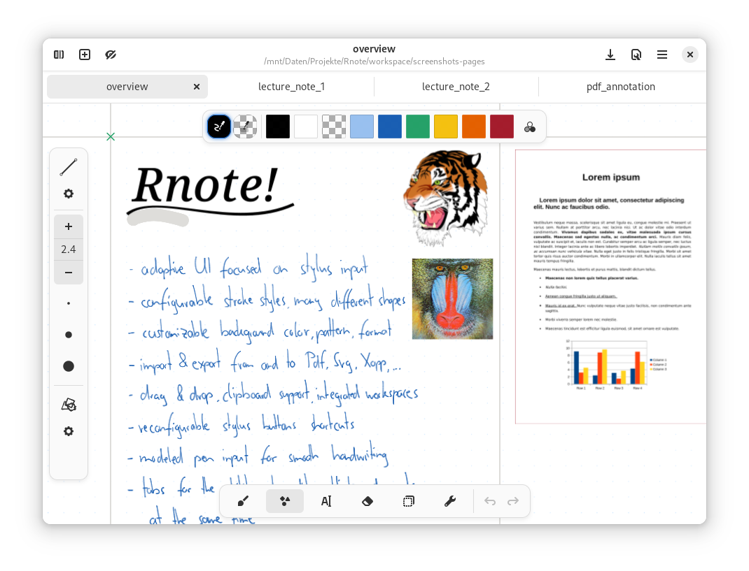 Основной интерфейс Rnote с холстом, вкладками и панелями инструментов