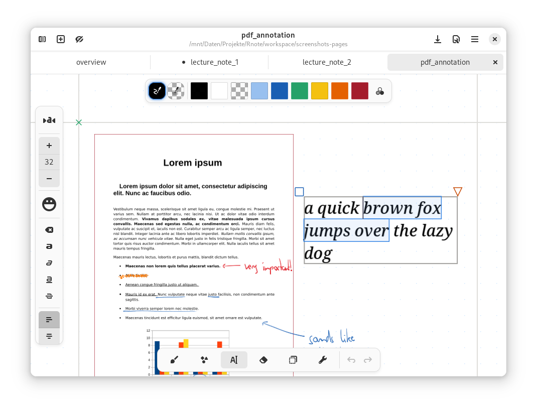 Текстовый инструмент Rnote поверх импортированной страницы PDF