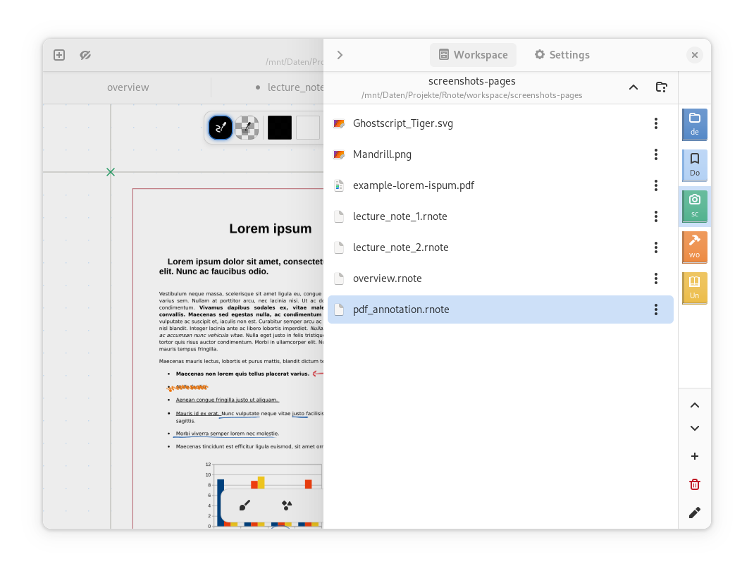 Панель Workspace в Rnote со списком файлов и папок