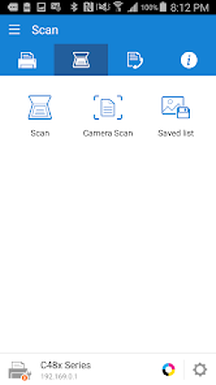 Вкладка Scan на телефоне с командами Scan, Camera Scan и Saved list