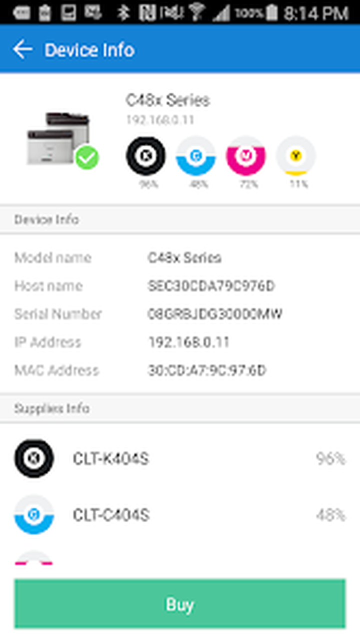 Экран Device Info с моделью, IP-адресом и уровнями тонера