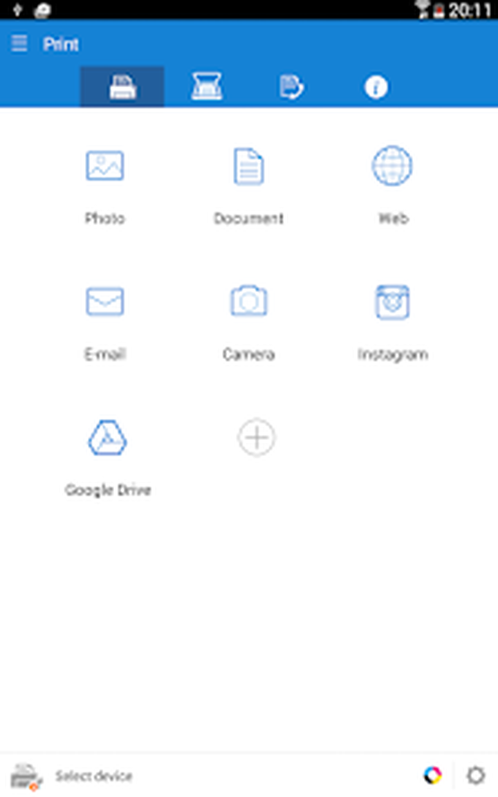 Планшетный экран Print с плитками Photo, Document, Web, Email, Camera и облачных хранилищ