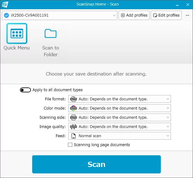 Окно сканирования ScanSnap Home