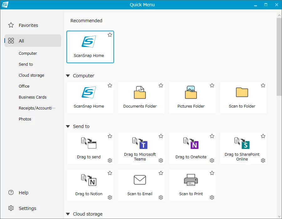 Интерфейс ScanSnap Home: Quick Menu и действия после сканирования