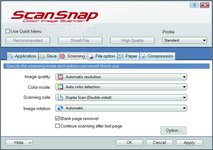 Окно ScanSnap Manager с вкладками параметров и профилем