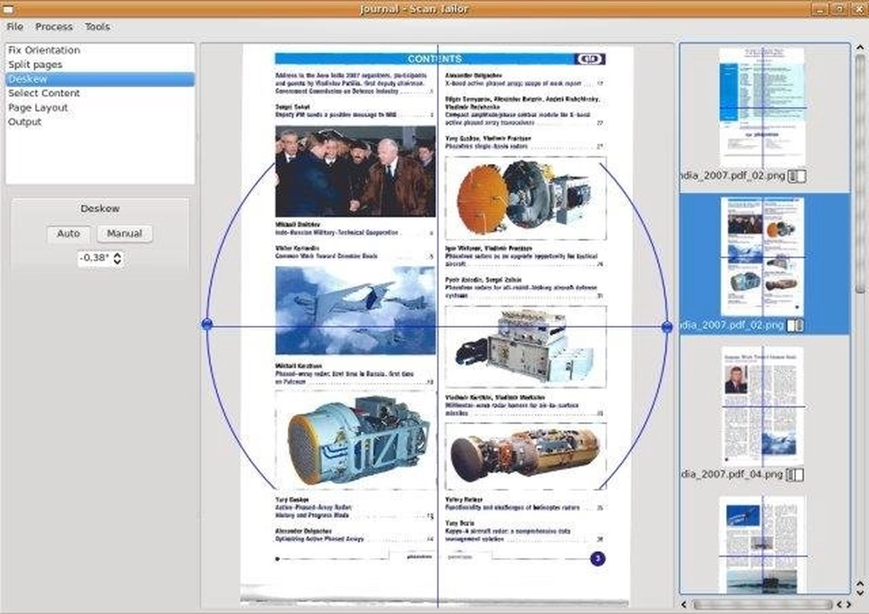 Полное окно ScanTailor с автоматическим исправлением наклона
