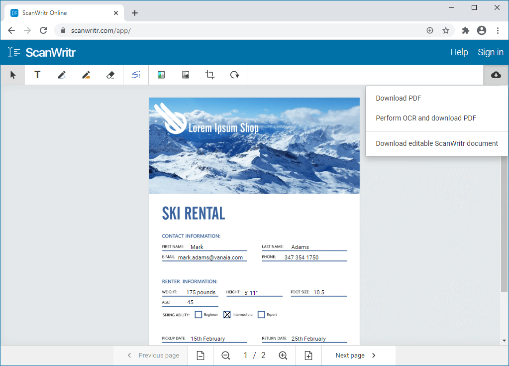 Меню экспорта PDF и OCR в ScanWritr