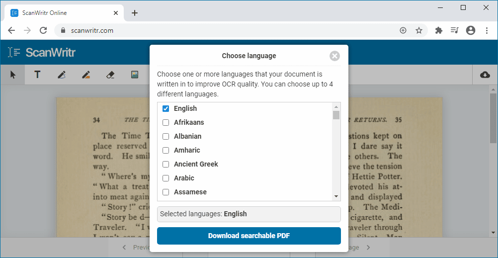 Выбор языков OCR в ScanWritr