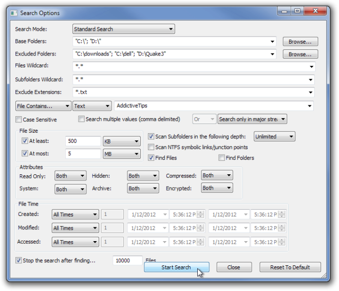 Окно Search Options с фильтрами SearchMyFiles