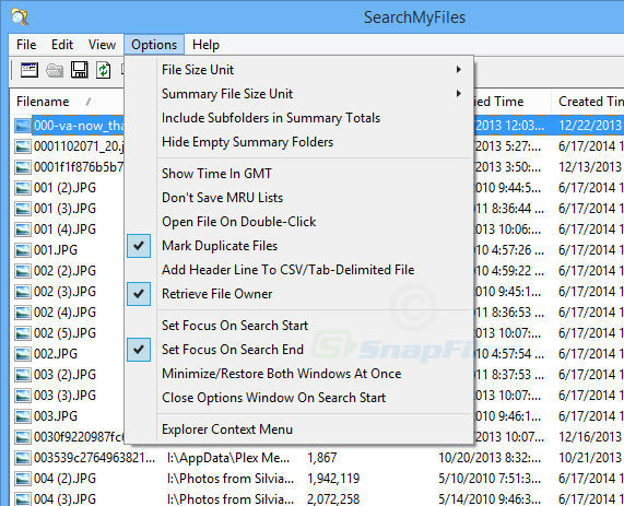 Меню Options с настройками SearchMyFiles