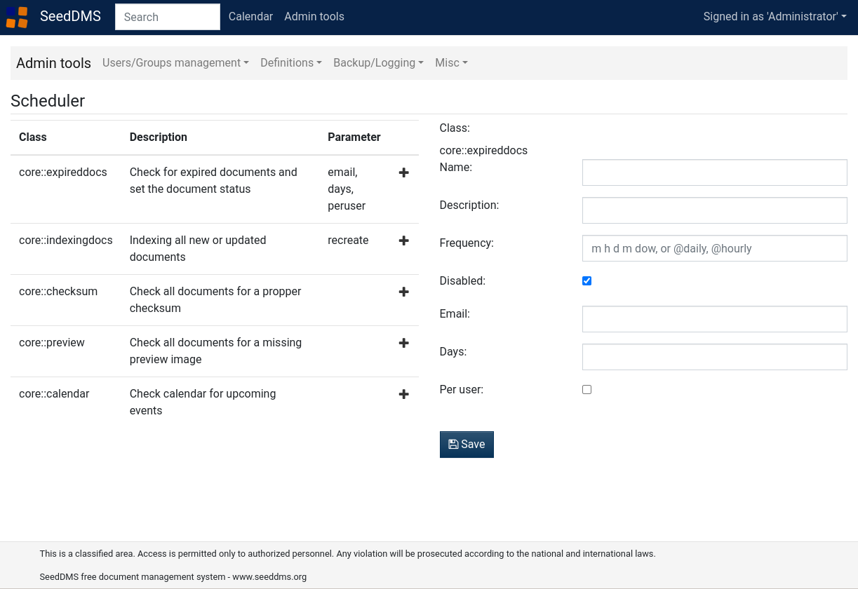 Настройка заданий планировщика SeedDMS