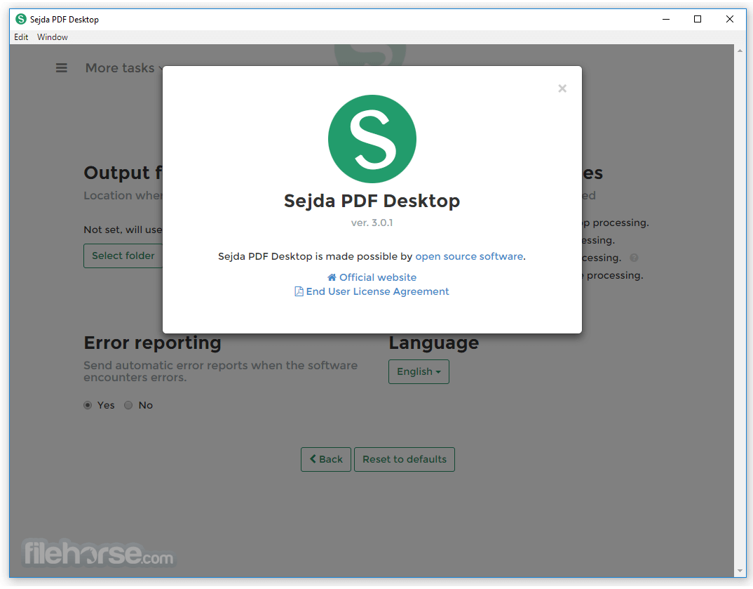 Окно сведений о Sejda Desktop