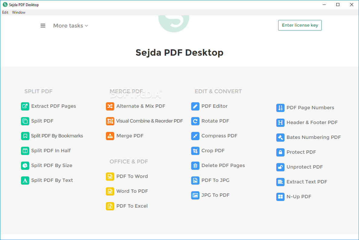 Главное окно Sejda Desktop с группами инструментов PDF