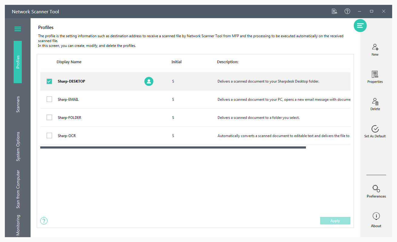 Вкладка Profiles со списком маршрутов Sharp Network Scanner Tool
