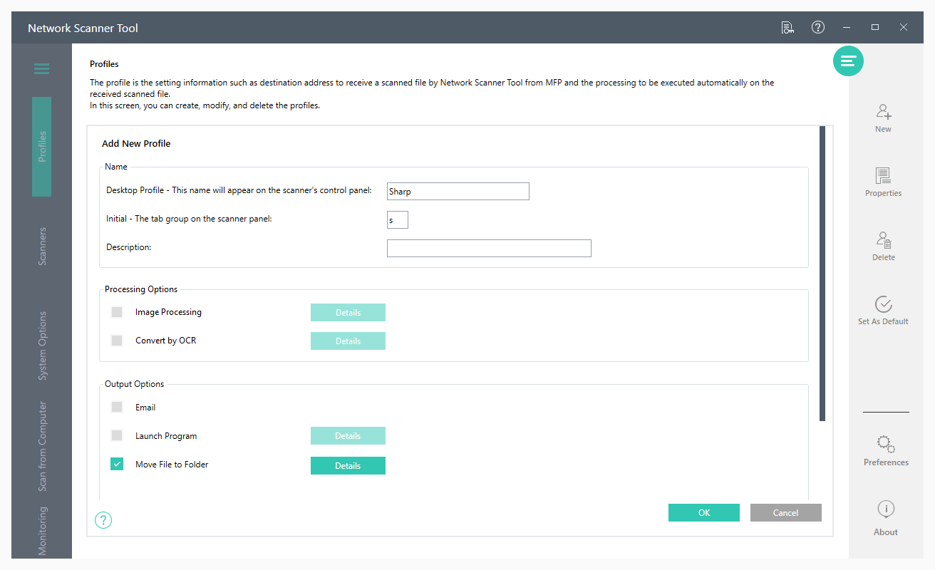 Редактор профиля Sharp Network Scanner Tool