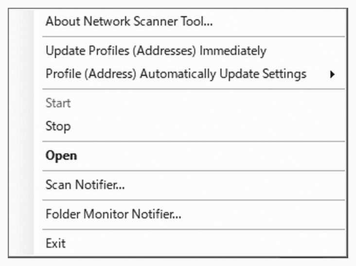 Меню Network Scanner Tool в области уведомлений