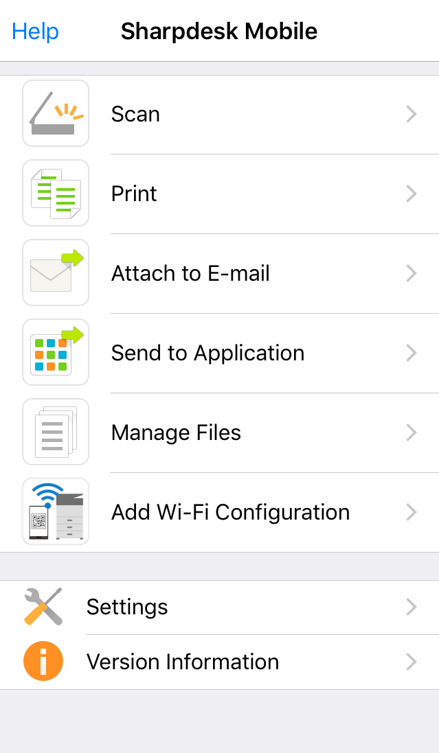 Главный экран Sharpdesk Mobile с командами сканирования, печати и управления файлами