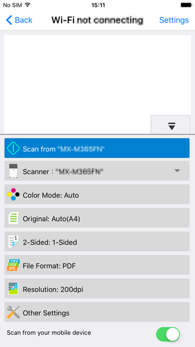 Параметры сканирования Sharpdesk Mobile на iPhone