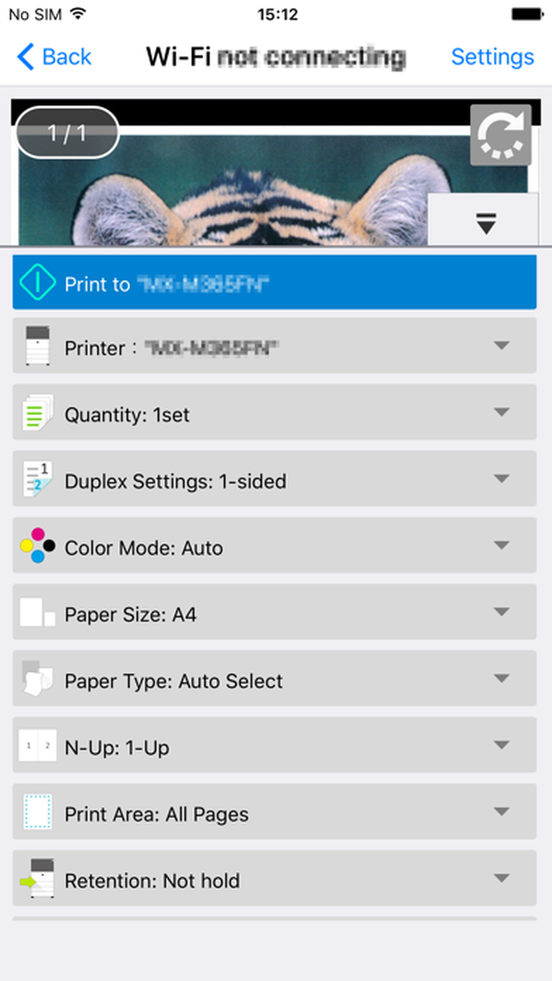 Настройки печати Sharpdesk Mobile на iPhone