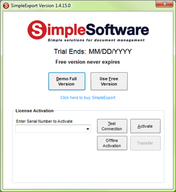 Окно выбора режима и активации SimpleExport