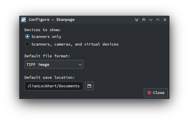 Окно настройки Skanpage с параметрами сохранения