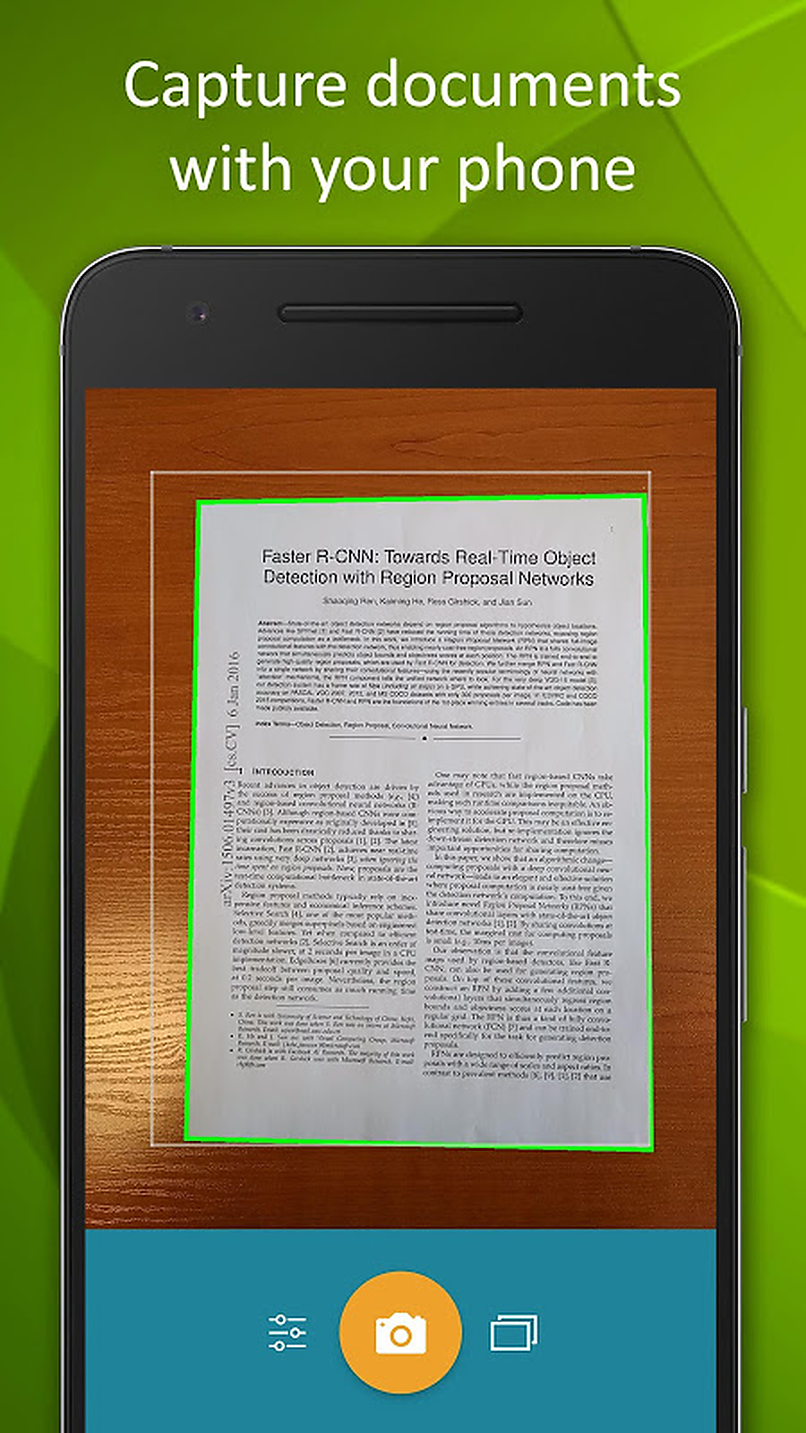 Экран камеры Smart Doc Scanner с рамкой распознавания документа