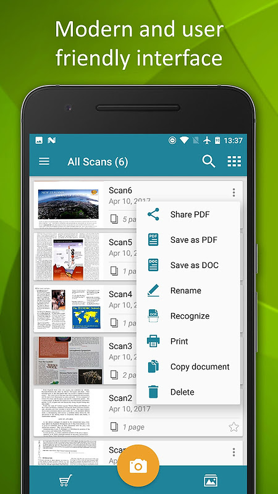 Список документов и меню действий Smart Doc Scanner