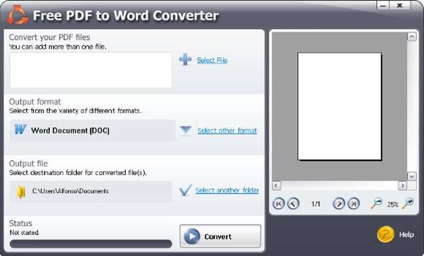 Главное окно SmartSoft Free PDF to Word Converter с выбором PDF, формата DOC, папки и предпросмотром