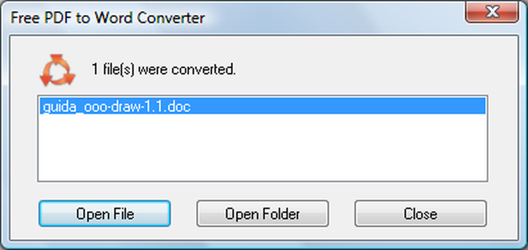 Диалог завершения с командами Open File, Open Folder и Close
