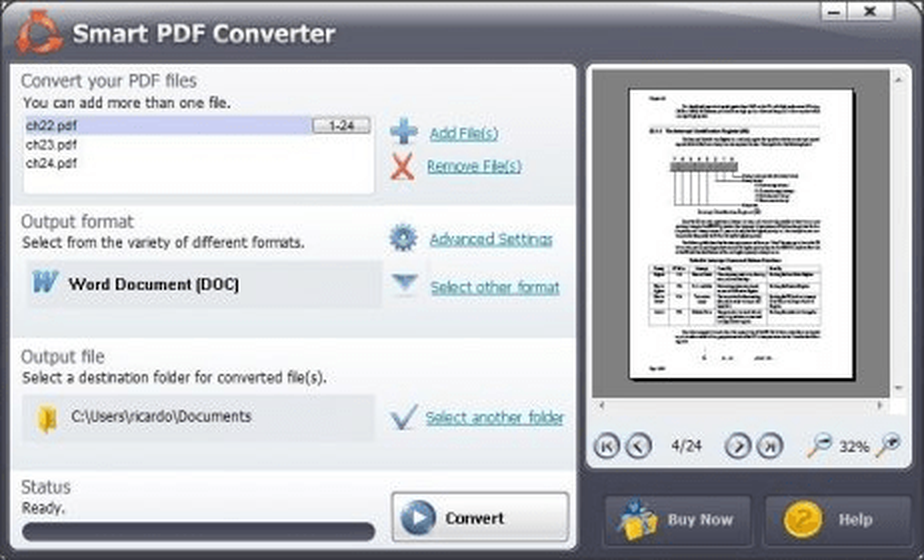 Главное окно SmartSoft PDF to Excel Converter со списком PDF, форматом вывода, папкой и предпросмотром
