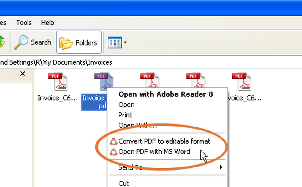 Команда преобразования PDF в редактируемый формат в контекстном меню Windows
