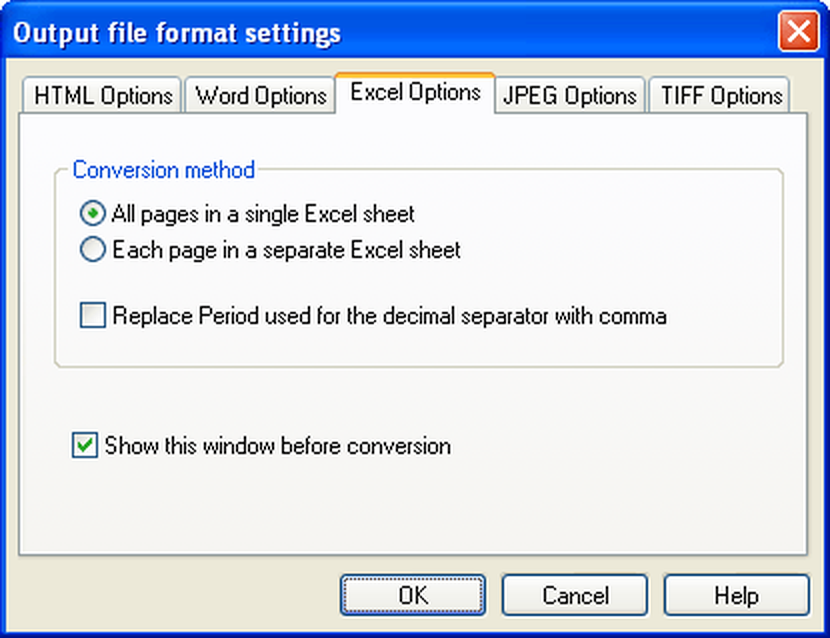 Параметры Excel с выбором одного листа или отдельного листа для каждой страницы